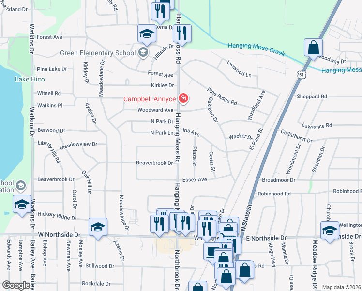 map of restaurants, bars, coffee shops, grocery stores, and more near 4306 Hanging Moss Road in Jackson