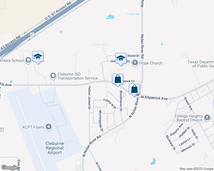 map of restaurants, bars, coffee shops, grocery stores, and more near 1531 West Kilpatrick Street in Cleburne