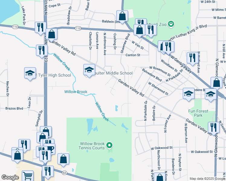 map of restaurants, bars, coffee shops, grocery stores, and more near 895 McKay Street in Tyler