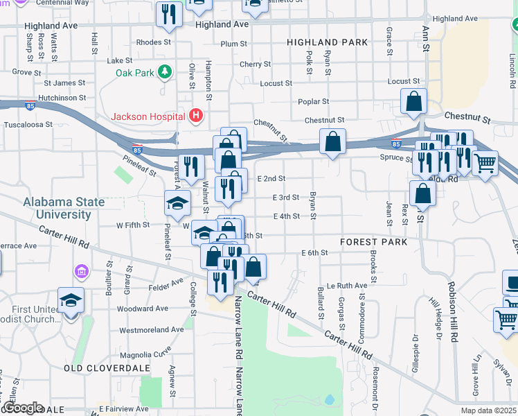 map of restaurants, bars, coffee shops, grocery stores, and more near 1717 West Street in Montgomery
