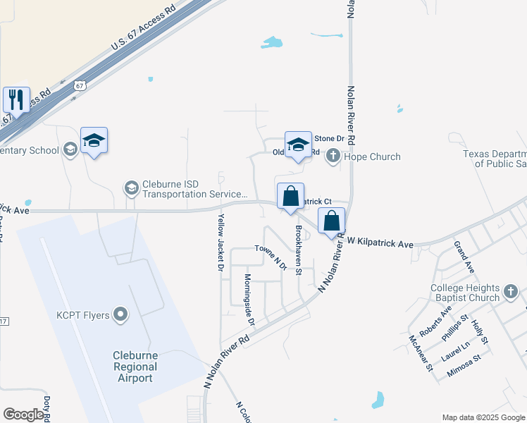 map of restaurants, bars, coffee shops, grocery stores, and more near 1531 West Kilpatrick Street in Cleburne