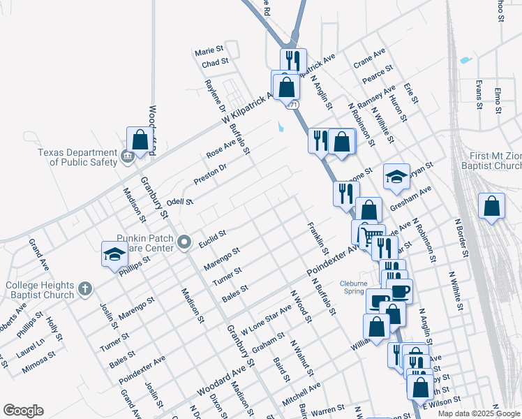 map of restaurants, bars, coffee shops, grocery stores, and more near 406 Euclid Street in Cleburne