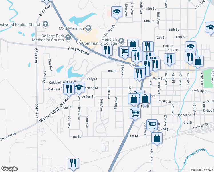 map of restaurants, bars, coffee shops, grocery stores, and more near 701 55th Avenue in Meridian