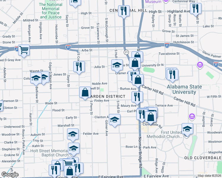 map of restaurants, bars, coffee shops, grocery stores, and more near 1129 S McDonough St in Montgomery