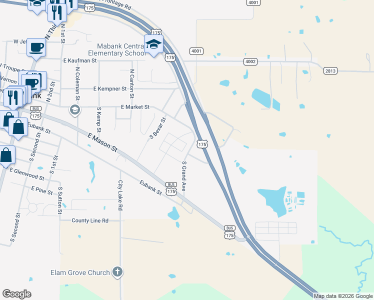 map of restaurants, bars, coffee shops, grocery stores, and more near 109 South Grand Avenue in Mabank