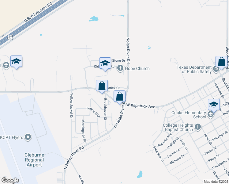 map of restaurants, bars, coffee shops, grocery stores, and more near 1412 Courtney Place in Cleburne