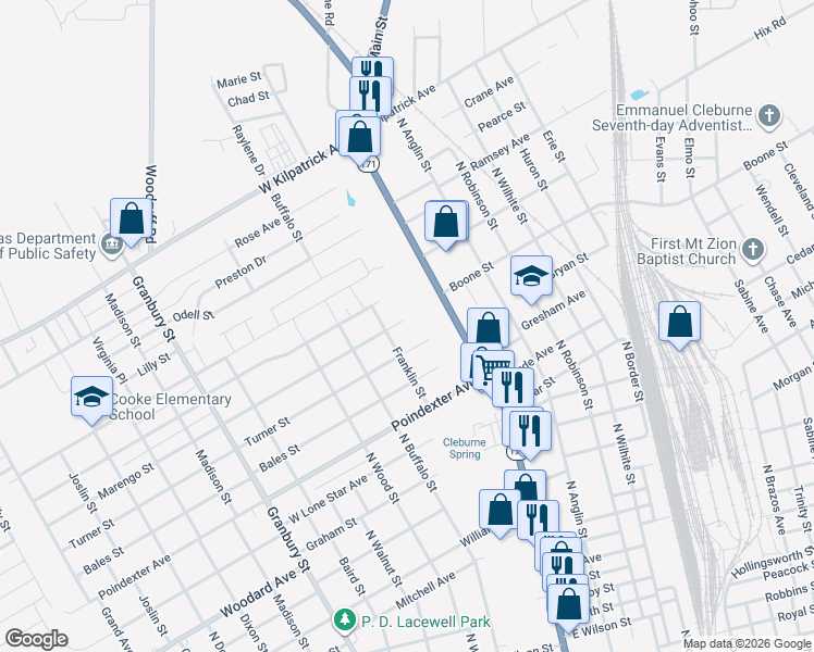 map of restaurants, bars, coffee shops, grocery stores, and more near 101 Marengo Street in Cleburne
