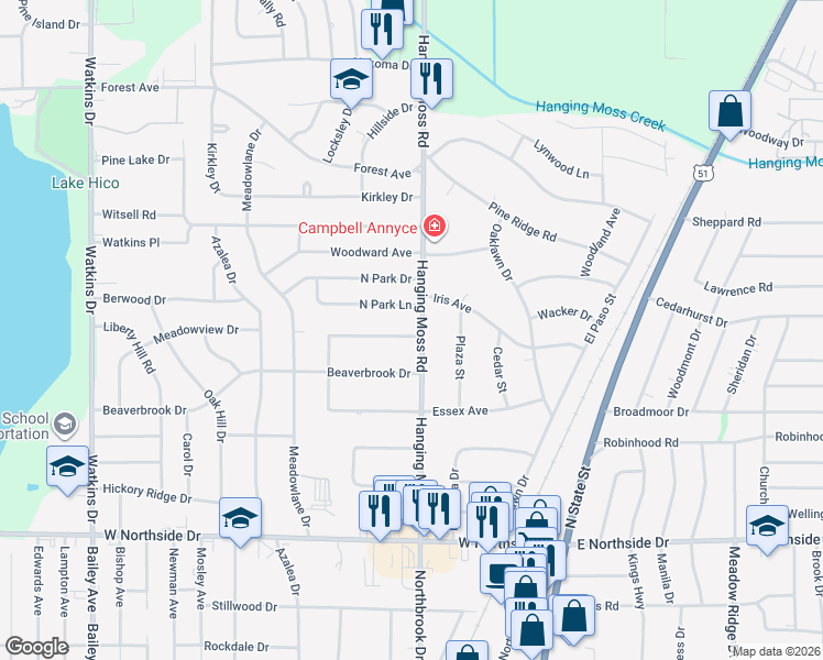 map of restaurants, bars, coffee shops, grocery stores, and more near 4305 Hanging Moss Road in Jackson