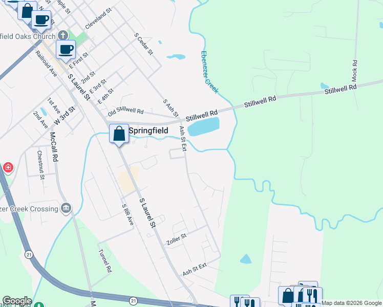 map of restaurants, bars, coffee shops, grocery stores, and more near 815AB Ash Street Extension in Springfield
