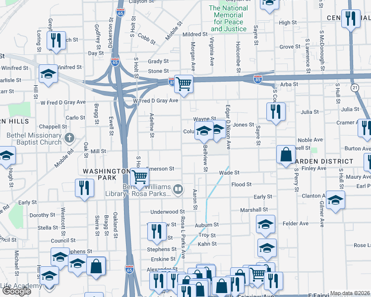 map of restaurants, bars, coffee shops, grocery stores, and more near 332 Georgia Street in Montgomery