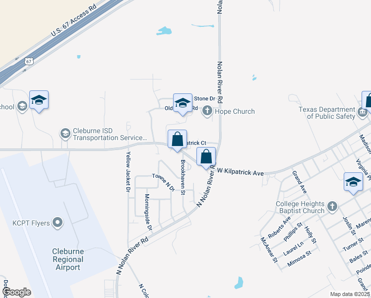 map of restaurants, bars, coffee shops, grocery stores, and more near 1412 Courtney Place in Cleburne
