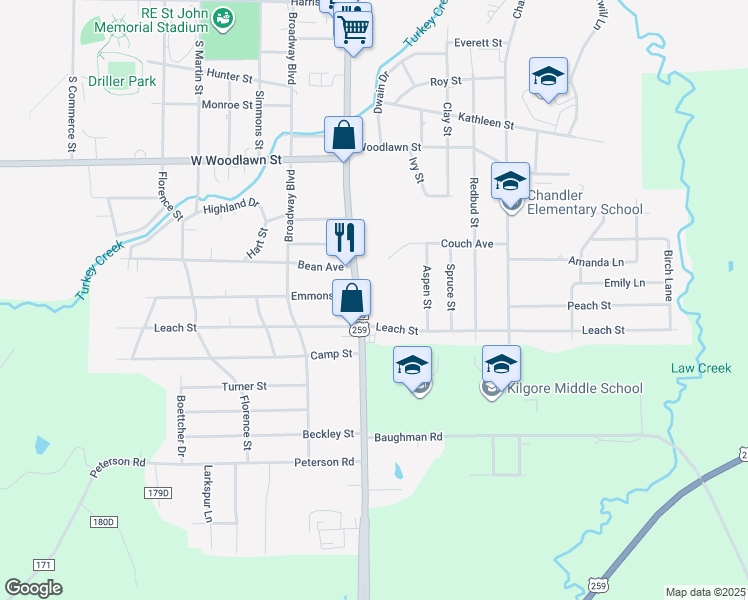map of restaurants, bars, coffee shops, grocery stores, and more near 2802 South Henderson Boulevard in Kilgore