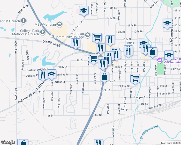 map of restaurants, bars, coffee shops, grocery stores, and more near 5200 Manning St in Meridian