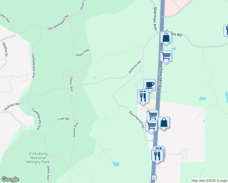 map of restaurants, bars, coffee shops, grocery stores, and more near 333 Culkin Road in Vicksburg