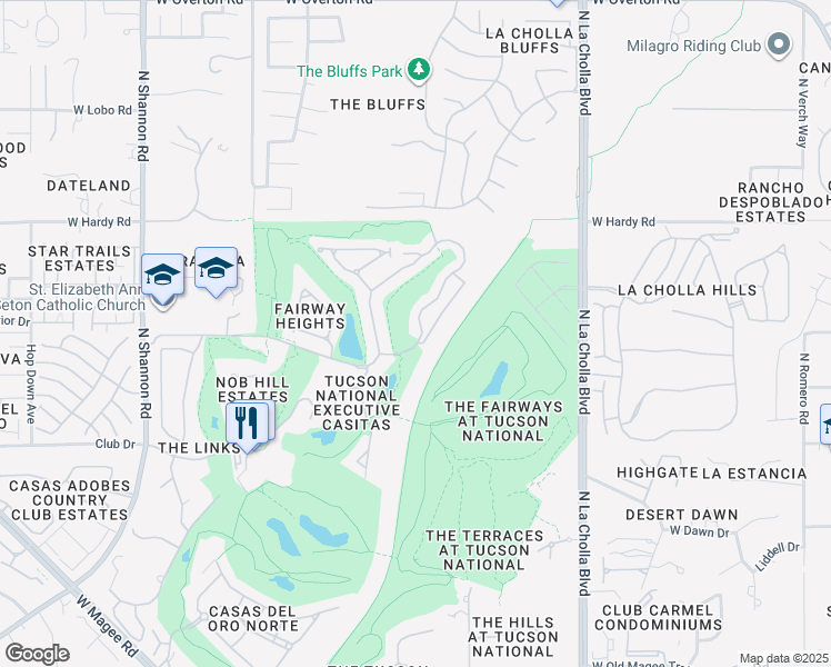 map of restaurants, bars, coffee shops, grocery stores, and more near 8589 North Johnny Miller Drive in Tucson