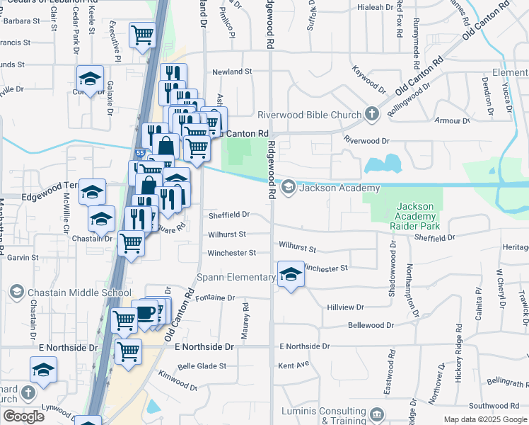 map of restaurants, bars, coffee shops, grocery stores, and more near 1532 Sheffield Drive in Jackson