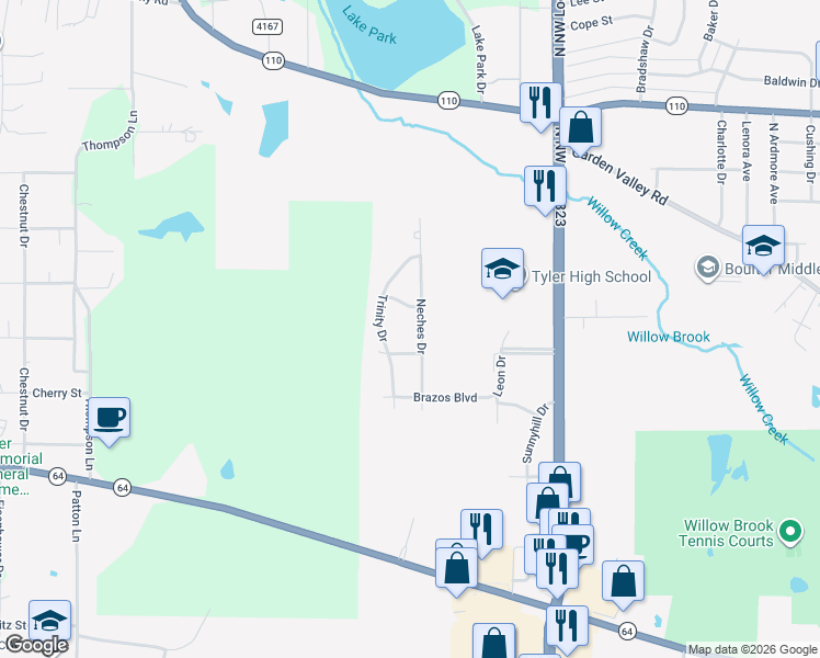 map of restaurants, bars, coffee shops, grocery stores, and more near 914 Neches Drive in Tyler