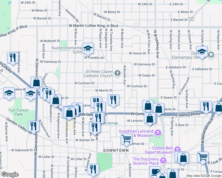 map of restaurants, bars, coffee shops, grocery stores, and more near 725 West Morris Street in Tyler