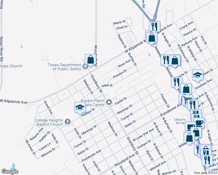 map of restaurants, bars, coffee shops, grocery stores, and more near 425 Odell Street in Cleburne