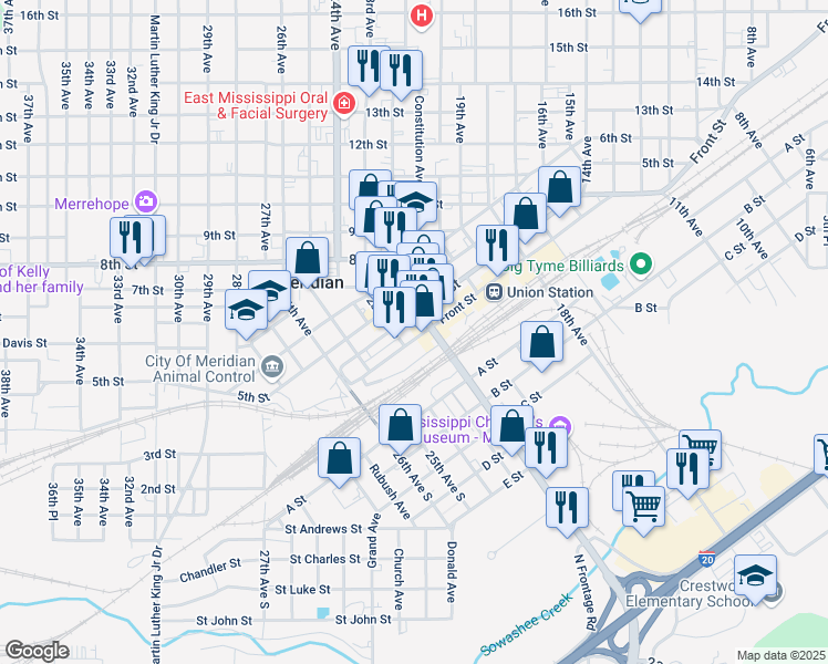 map of restaurants, bars, coffee shops, grocery stores, and more near 2210 Front Street in Meridian