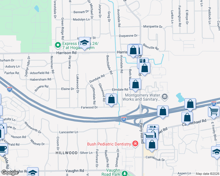 map of restaurants, bars, coffee shops, grocery stores, and more near 3621 Elmdale Road in Montgomery