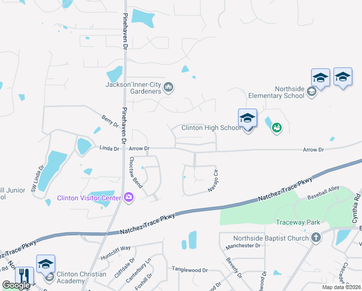 map of restaurants, bars, coffee shops, grocery stores, and more near 103 Arrow Drive in Clinton