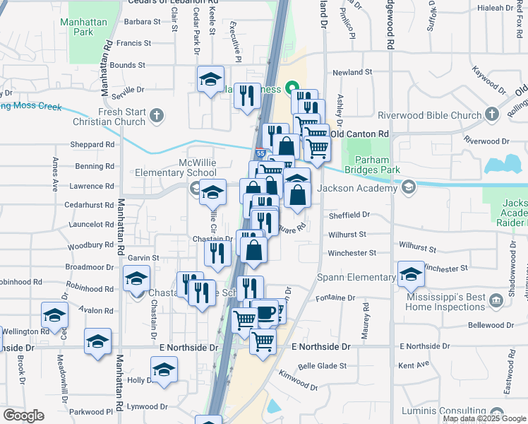 map of restaurants, bars, coffee shops, grocery stores, and more near 4880 I 55 North in Jackson