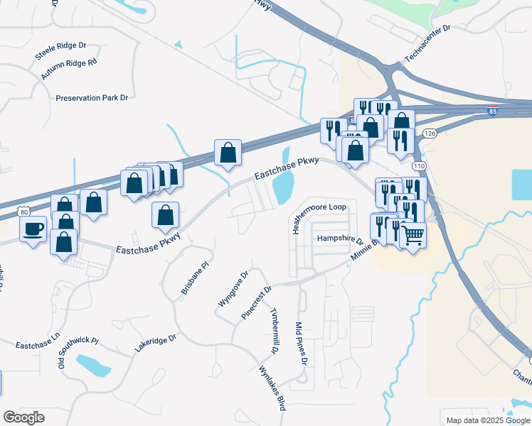 map of restaurants, bars, coffee shops, grocery stores, and more near 8462 Eastchase Parkway in Montgomery