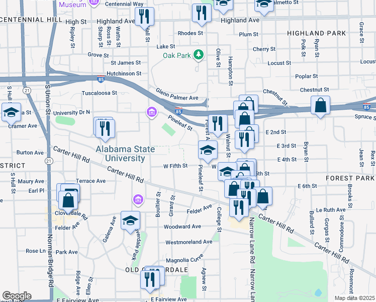 map of restaurants, bars, coffee shops, grocery stores, and more near 1800 Pineleaf Street in Montgomery