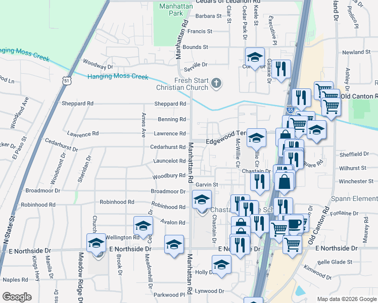 map of restaurants, bars, coffee shops, grocery stores, and more near 782 Launcelot Road in Jackson