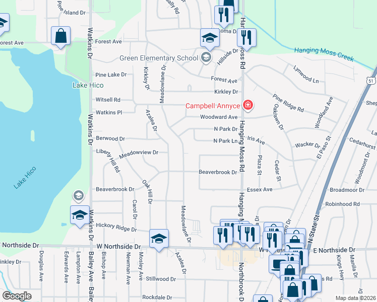 map of restaurants, bars, coffee shops, grocery stores, and more near 4136 Meadowlane Drive in Jackson