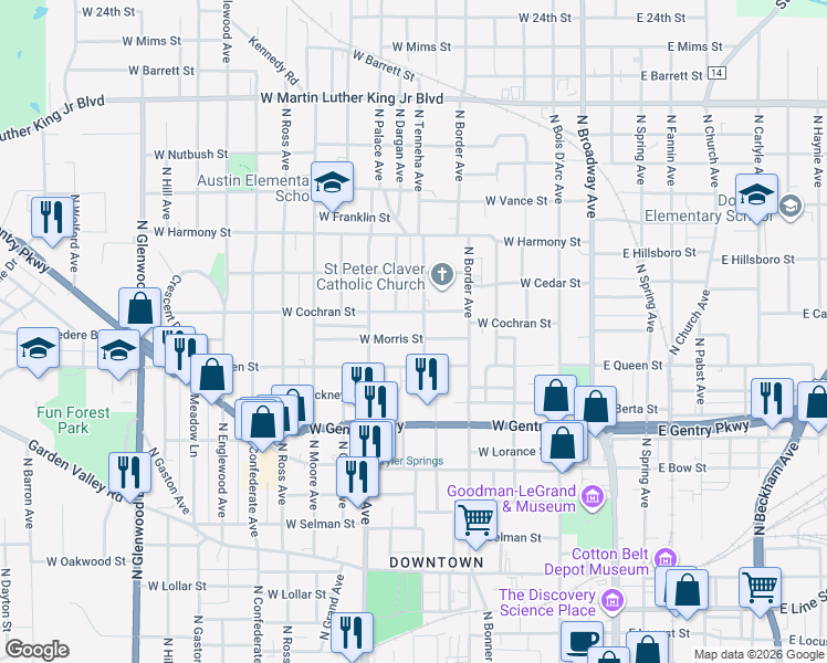 map of restaurants, bars, coffee shops, grocery stores, and more near 725 W Morris St in Tyler