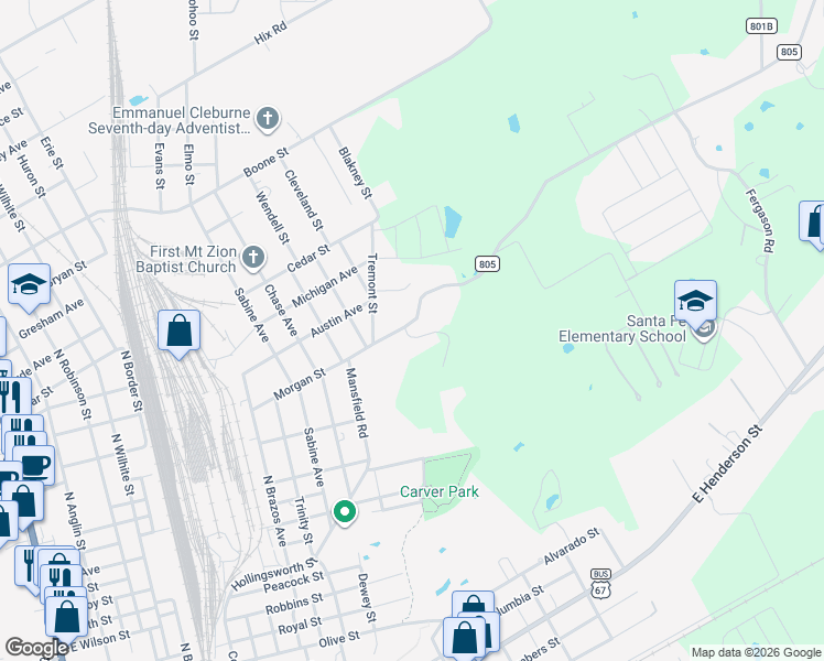 map of restaurants, bars, coffee shops, grocery stores, and more near 624 Mansfield Road in Cleburne