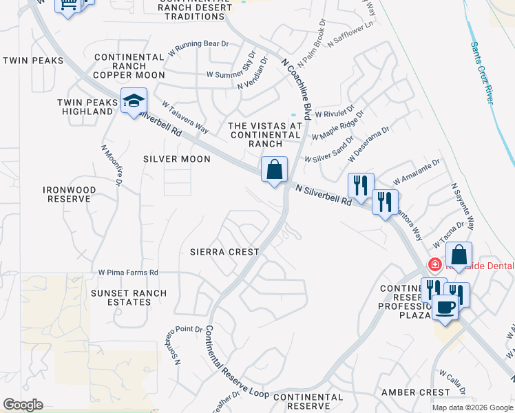 map of restaurants, bars, coffee shops, grocery stores, and more near 7480 West Sweet River Road in Tucson