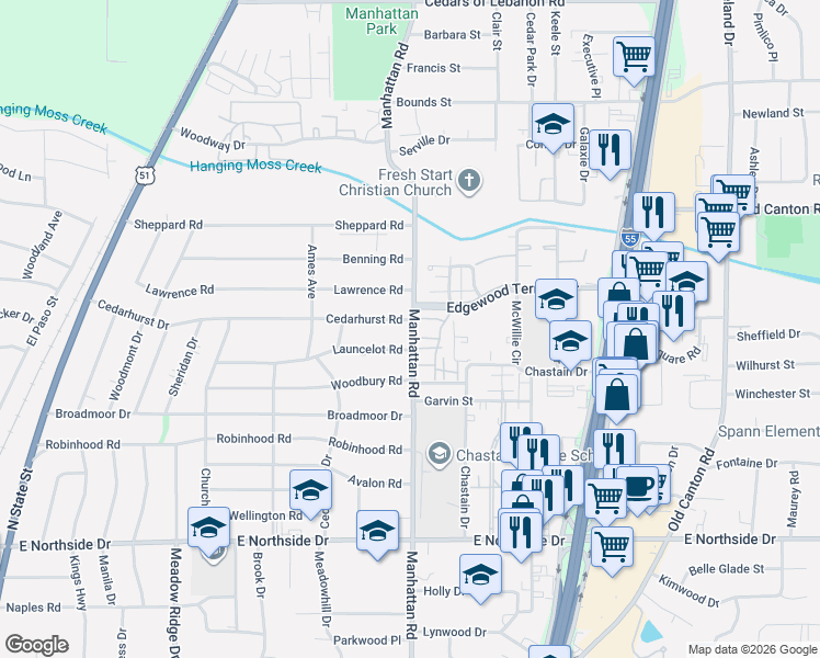 map of restaurants, bars, coffee shops, grocery stores, and more near 782 Launcelot Road in Jackson