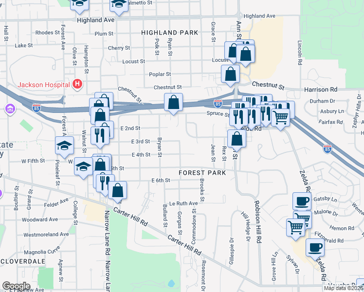 map of restaurants, bars, coffee shops, grocery stores, and more near 2423 East 4th Street in Montgomery