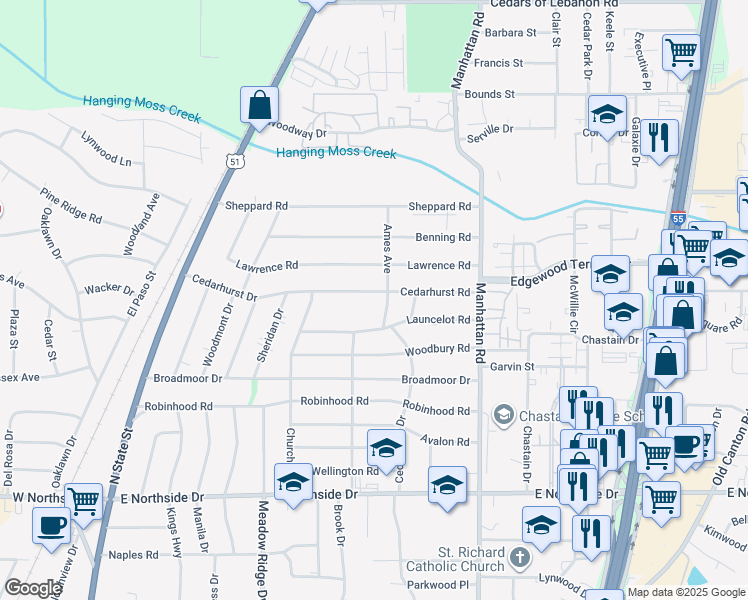 map of restaurants, bars, coffee shops, grocery stores, and more near 607 Cedarhurst Road in Jackson