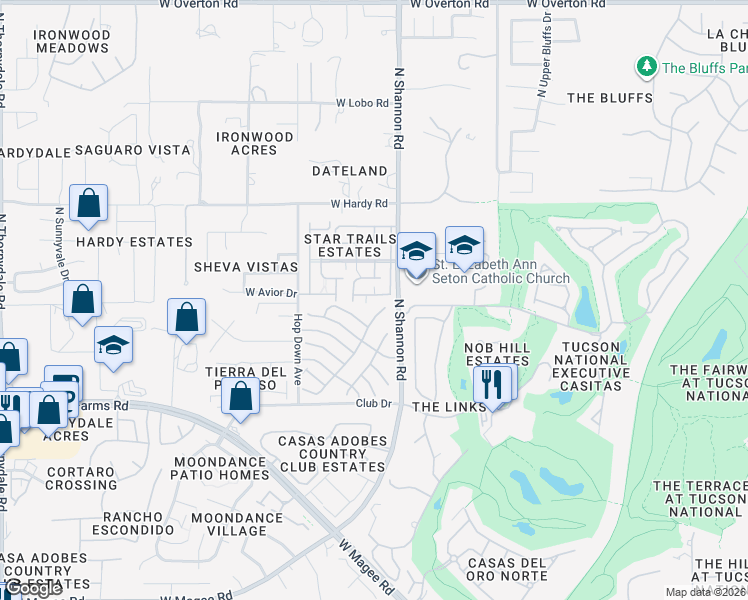 map of restaurants, bars, coffee shops, grocery stores, and more near 2947 West Talara Lane in Tucson