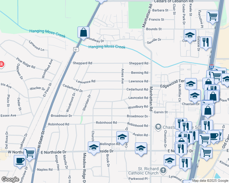 map of restaurants, bars, coffee shops, grocery stores, and more near 607 Cedarhurst Road in Jackson