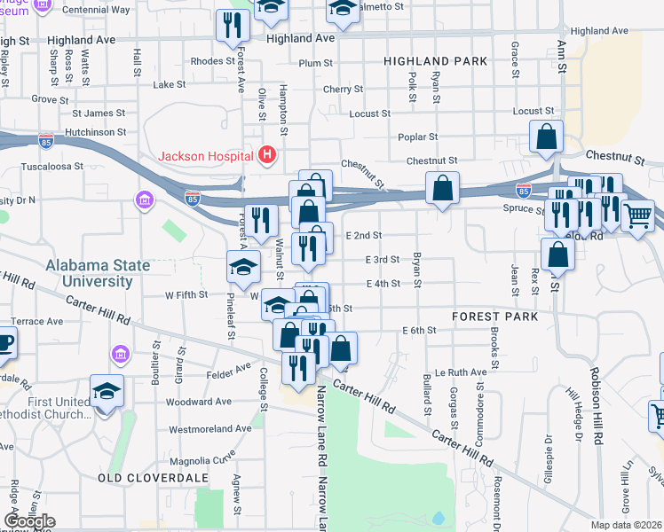 map of restaurants, bars, coffee shops, grocery stores, and more near 1717 West Street in Montgomery