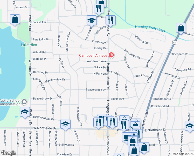 map of restaurants, bars, coffee shops, grocery stores, and more near 474 Hanging Moss Circle in Jackson