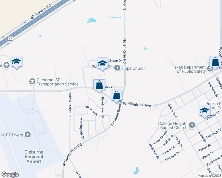 map of restaurants, bars, coffee shops, grocery stores, and more near 1412 Courtney Place in Cleburne