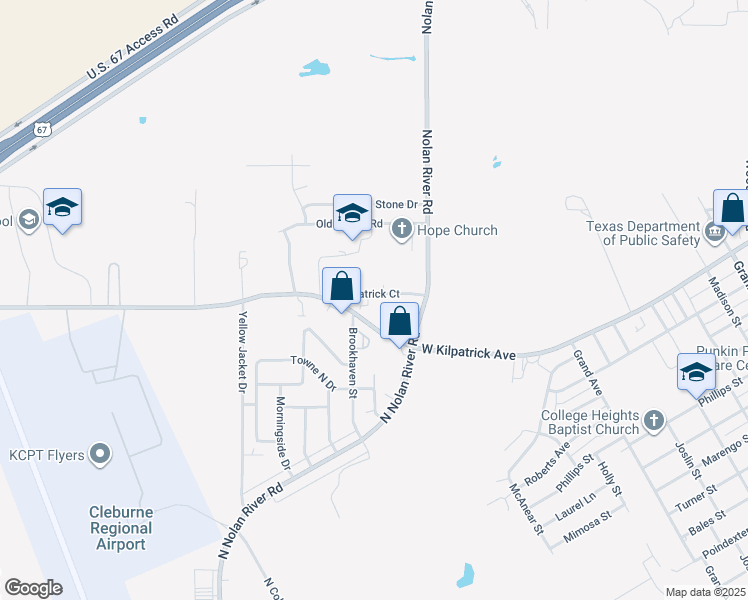 map of restaurants, bars, coffee shops, grocery stores, and more near 1412 Courtney Place in Cleburne