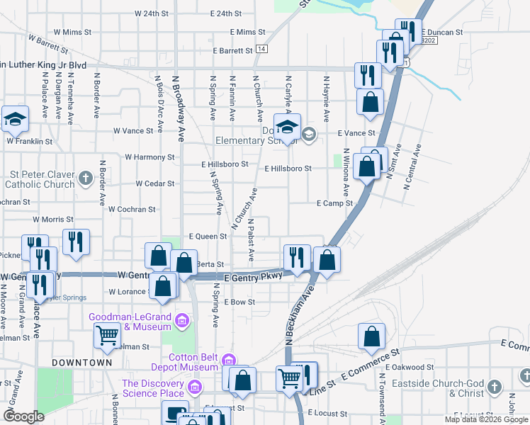 map of restaurants, bars, coffee shops, grocery stores, and more near 1227 North Holmes Avenue in Tyler