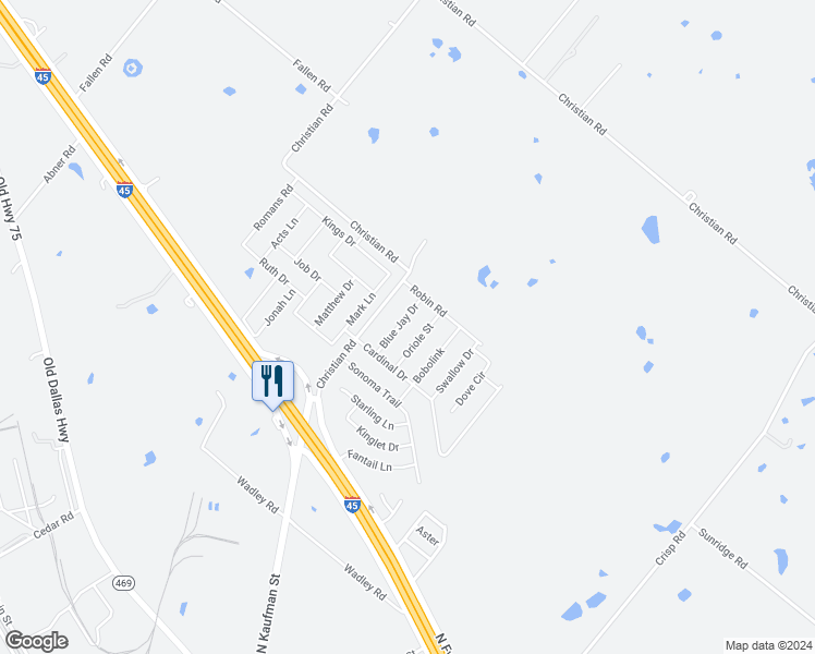 map of restaurants, bars, coffee shops, grocery stores, and more near 1609 Blue Jay Drive in Ennis