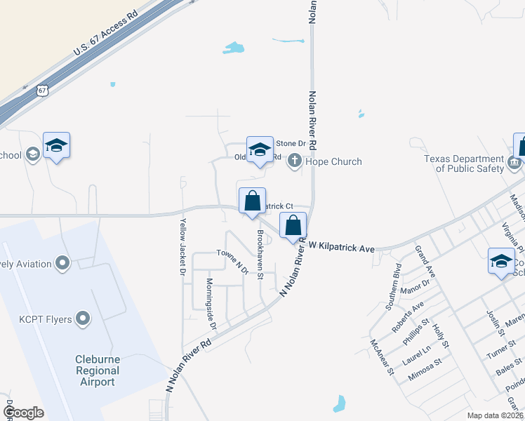 map of restaurants, bars, coffee shops, grocery stores, and more near 1521 West Kilpatrick Street in Cleburne