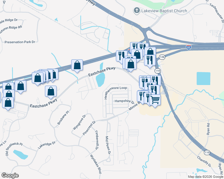 map of restaurants, bars, coffee shops, grocery stores, and more near 7348 Wimberly Lane in Montgomery
