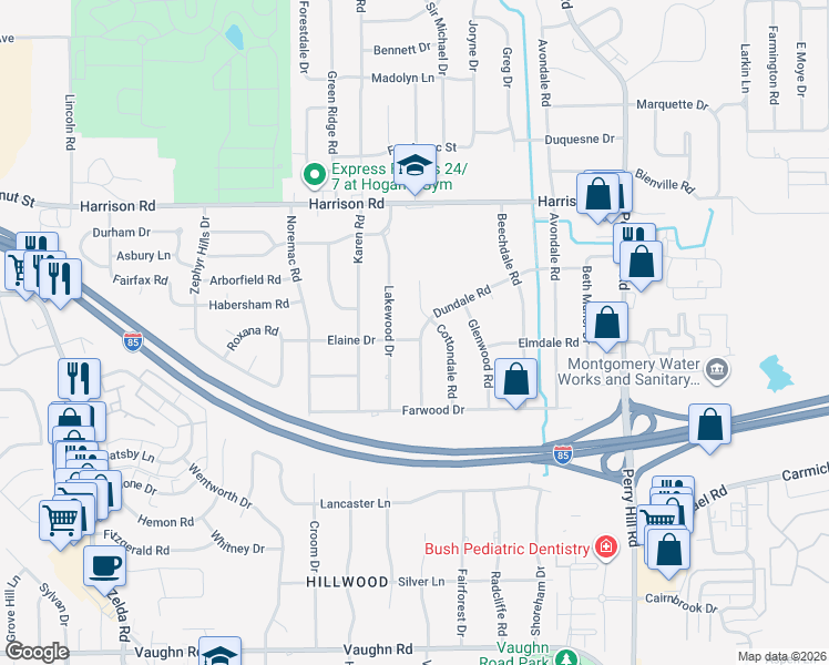 map of restaurants, bars, coffee shops, grocery stores, and more near 3500-3598 Elaine Drive in Montgomery