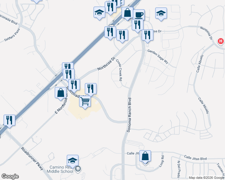 map of restaurants, bars, coffee shops, grocery stores, and more near 4055 Sonoma Ranch Boulevard in Las Cruces