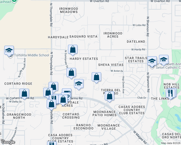map of restaurants, bars, coffee shops, grocery stores, and more near 8611 North Peccary Creek Trail in Oro Valley